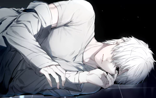 HD PC desktop wallpaper and background: U-1146 (Cells At Work!) anime art of a white-haired character lying on his side in a light shirt against a dark, reflective backdrop.