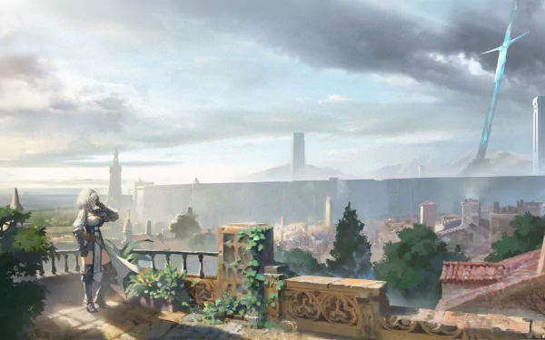 HD PC desktop wallpaper featuring Shirogane Noel from Hololive Alternative, an anime-style Virtual YouTuber, overlooking a detailed cityscape under a cloudy sky.
