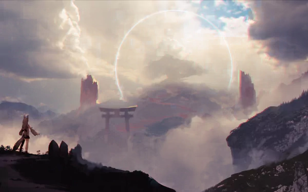 HD anime-style desktop wallpaper featuring Shirakami Fubuki from Hololive Alternative, depicting a dramatic landscape with mist, torii gate, and towering rock formations.