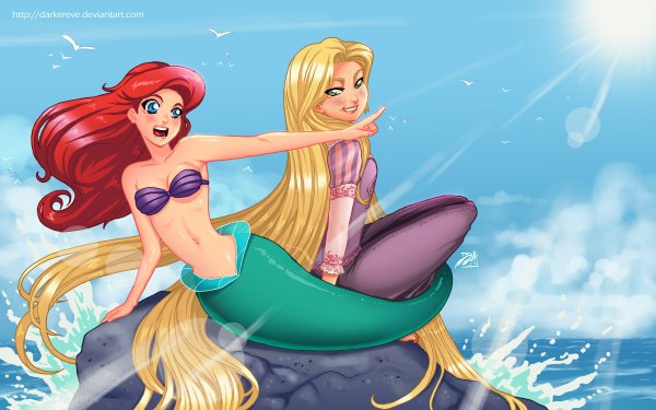 Movie Disney Ariel Rapunzel Mermaid Red Hair Blonde Tangled The Little Mermaid Disney Princess Blue Eyes Green Eyes Long Hair HD Wallpaper | Background Image