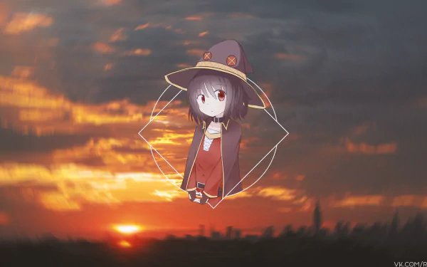 4K Ultra HD anime wallpaper featuring Megumin from KonoSuba standing against a vivid sunset, with a picture-in-picture style frame highlighting the character.