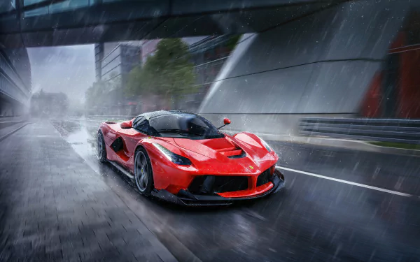 A red Ferrari LaFerrari supercar speeding through a rainy urban street, captured in a 4K Ultra HD desktop wallpaper background.