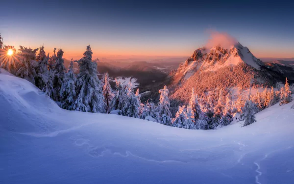 Slovakia mountain sunset snow nature winter Snowy Mountain winter sunset HD Desktop Wallpaper | Background Image