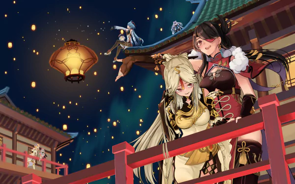 HD PC desktop wallpaper featuring Genshin Impact characters Beidou, Qiqi, Paimon, Ningguang, Lumine, Keqing, and Ganyu under floating lanterns at night.