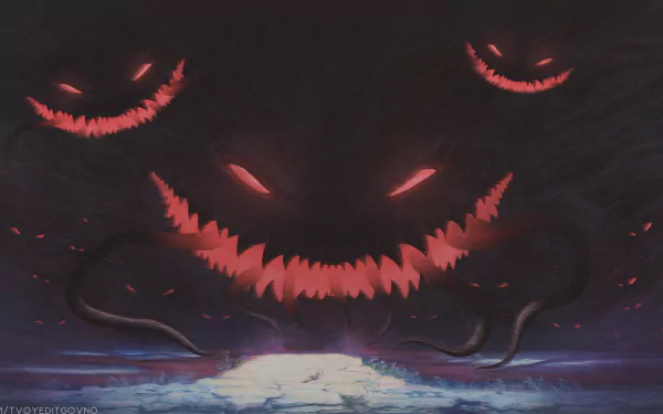 Anime-style Halloween scene featuring ominous grinning faces emerging from darkness, designed as a 4K Ultra HD PC desktop wallpaper background.