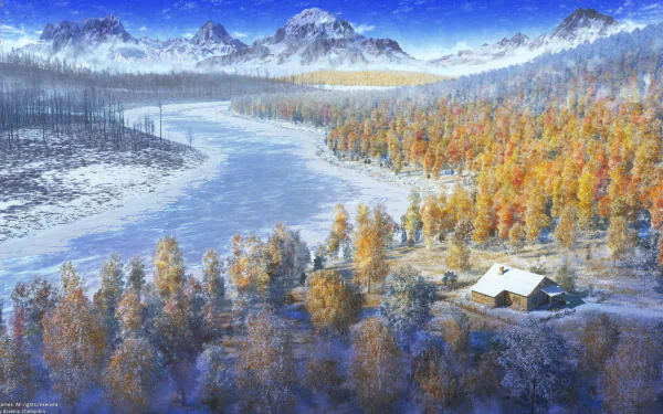 HD PC desktop wallpaper from the video game Shining Nikki, featuring a snowy landscape with a river, autumn trees, and distant mountains under a bright blue sky.