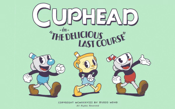 HD PC desktop wallpaper featuring Cuphead, Mugman, and Ms. Chalice from the video game Cuphead: The Delicious Last Course against a light green background.