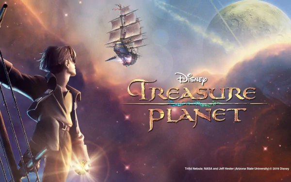 HD PC desktop wallpaper of the movie Treasure Planet: young hero aboard a ship gazes at a solar-sail vessel crossing colorful cosmic clouds toward a distant planet, film logo visible.