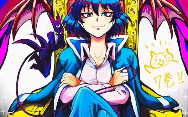 HD wallpaper of Iruma Suzuki from the anime Mairimashita! Iruma-kun, featuring Iruma seated confidently with a mischievous smile. A stylish and vibrant background adds flair to this dynamic character image.