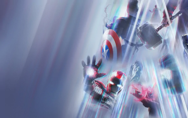 4K UHD desktop wallpaper of Marvel Studios: Legends lineup — Scarlet Witch, Vision, Black Panther, Thor, Captain America, Hawkeye and Iron Man streaking through beams of light.