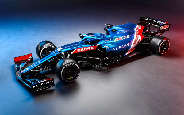 F1 Alpine A521 single-seater racing car in blue and red, high-detail 4K Ultra HD PC desktop wallpaper and background.