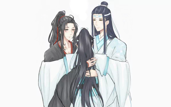 HD anime wallpaper: Wei Wuxian and Lan Wangji stand close, gently embracing young Lan Sizhui between them — Mo Dao Zu Shi trio rendered in soft, delicate style.