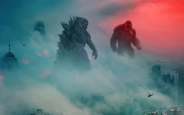4K Ultra HD wallpaper featuring Godzilla and King Kong from the Monsterverse movie Godzilla vs Kong standing amidst a misty cityscape at dusk.