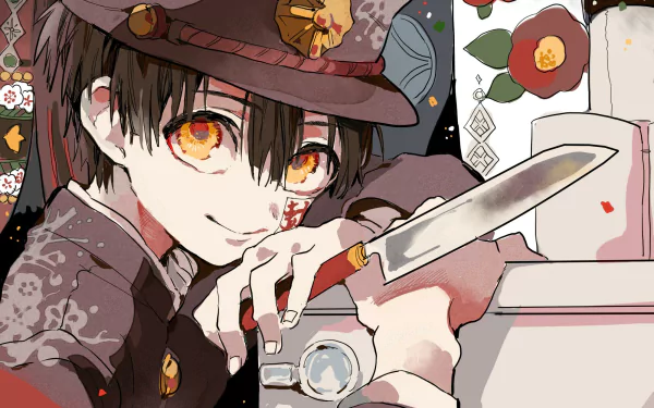 HD PC desktop wallpaper featuring Hanako-kun from the anime Toilet-bound Hanako-kun, showcasing vibrant colors and detailed character art with a knife and floral background.