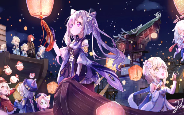 2K Quad HD PC desktop wallpaper of Genshin Impact characters — Diona, Diluc, Qiqi, Paimon, Ningguang, Lumine, Klee, Keqing, Jean, Ganyu and Barbara beneath glowing festival lanterns at night.