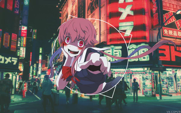 4K Ultra HD PC desktop wallpaper of Yuno Gasai from Mirai Nikki: manic anime girl reaching forward, grinning against a neon-lit Tokyo street background.