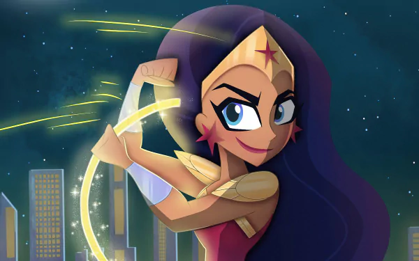 Stylized Diana Prince (Wonder Woman, DC Comics) from DC Super Hero Girls TV show, posing with glowing Lasso of Truth against a nighttime city skyline — 4K Ultra HD PC desktop wallpaper background.