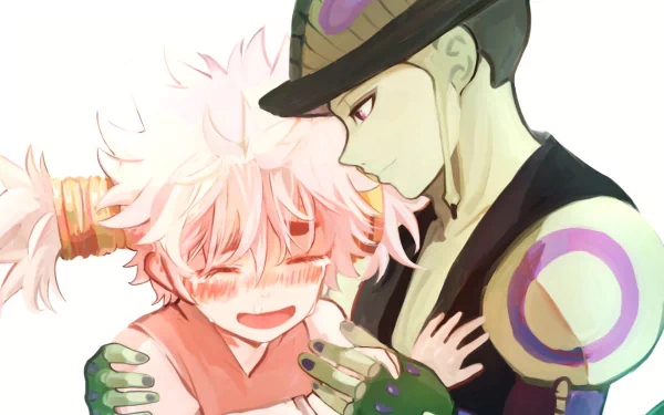 HD PC desktop wallpaper featuring Komugi and Meruem from the anime Hunter x Hunter, showcasing a tender moment between the two characters.