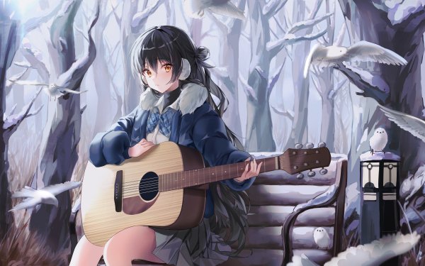 Anime Girl Bird Black Hair Guitar Instrument Long Hair Orange Eyes School Uniform Winter HD Wallpaper | Background Image