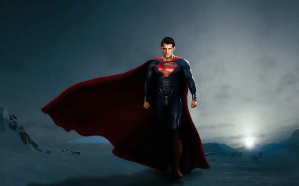 HD wallpaper featuring Henry Cavill as Superman from the movie Man of Steel, standing heroically with his red cape flowing against a dark, moody background.