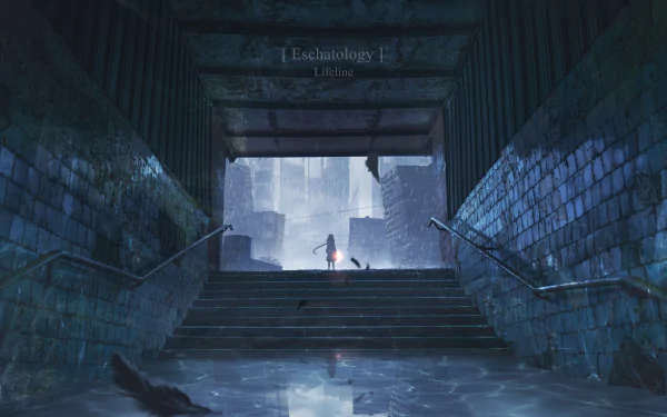 HD desktop wallpaper featuring an original anime scene of a figure standing at the top of a wet, dark stairwell with a dimly lit cityscape in the background.