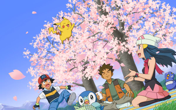 Ash, Dawn, and Brock with Pikachu, Piplup, and Croagunk enjoying a sunny day under cherry blossom trees in this vibrant 4K Ultra HD Pokémon anime wallpaper.