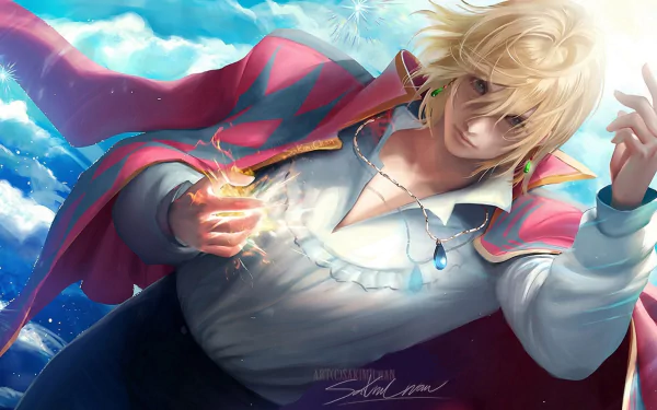 Howl Jenkins Pendragon from Howl's Moving Castle — anime-style HD wallpaper: blond magician in a red cape and open shirt, conjuring a glowing fireball against a bright blue sky.