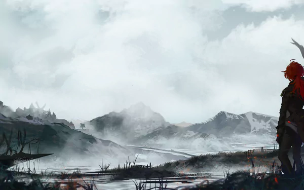 HD desktop wallpaper featuring Diluc from Genshin Impact, standing against a snowy mountainous landscape under a cloudy sky.