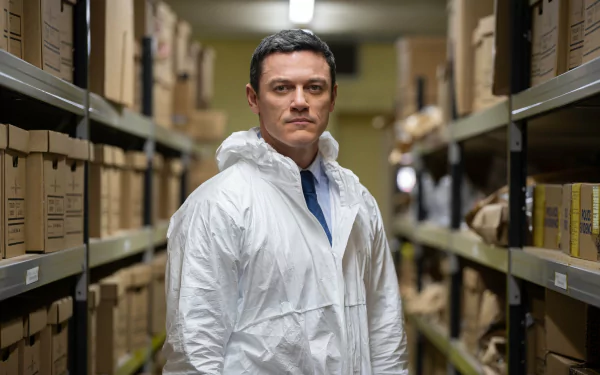 HD desktop wallpaper featuring a scene from The Pembrokeshire Murders with the actor in a white forensic suit standing in an evidence room.