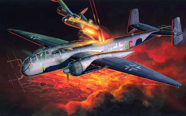 HD desktop wallpaper featuring a Heinkel He 219 Luftwaffe warplane in intense aerial combat, showcasing this iconic military aircraft against a fiery sky.