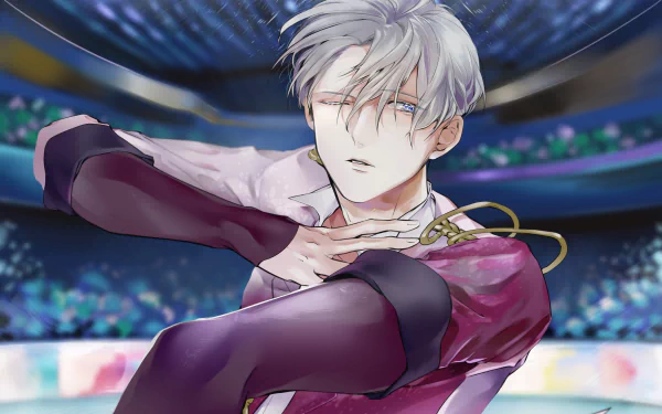 HD PC wallpaper of Victor Nikiforov from Yuri!!! on ICE: silver-haired anime skater in a burgundy costume striking a graceful pose on the ice with a lit arena crowd behind him.