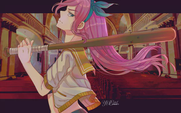 HD PC desktop wallpaper of Aubrey (OMORI) from the video game OMORI, long pink hair and blue eyes, gripping a baseball bat across her shoulders in a cathedral-like hall.