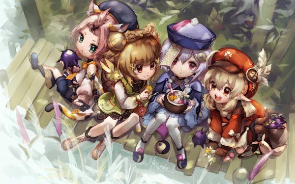 Chibi Diona, Qiqi, Yaoyao and Klee from Genshin Impact — pink, purple, brown and blonde hair — sharing snacks on grass in a 2K Quad HD PC desktop wallpaper/background.