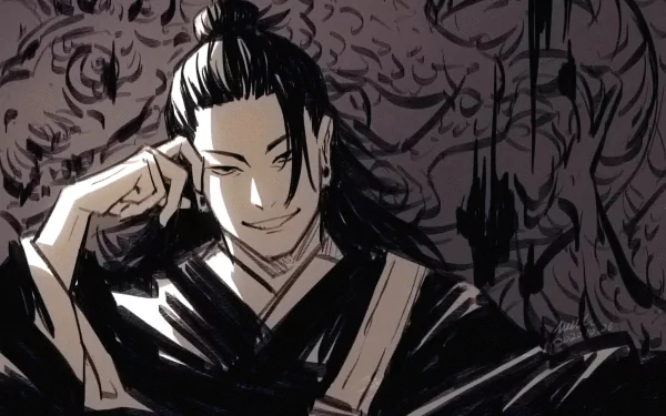 A striking HD wallpaper featuring Suguru Geto from Jujutsu Kaisen, showcasing his confident smirk against a dark, intricate background.