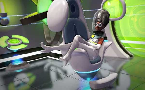 A character from Evil Genius 2: World Domination relaxes in a futuristic chair, surrounded by vibrant green technology, creating an engaging HD desktop wallpaper.