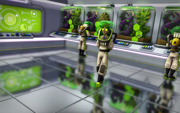 HD desktop wallpaper from Evil Genius 2: World Domination featuring minions in a futuristic laboratory setting.