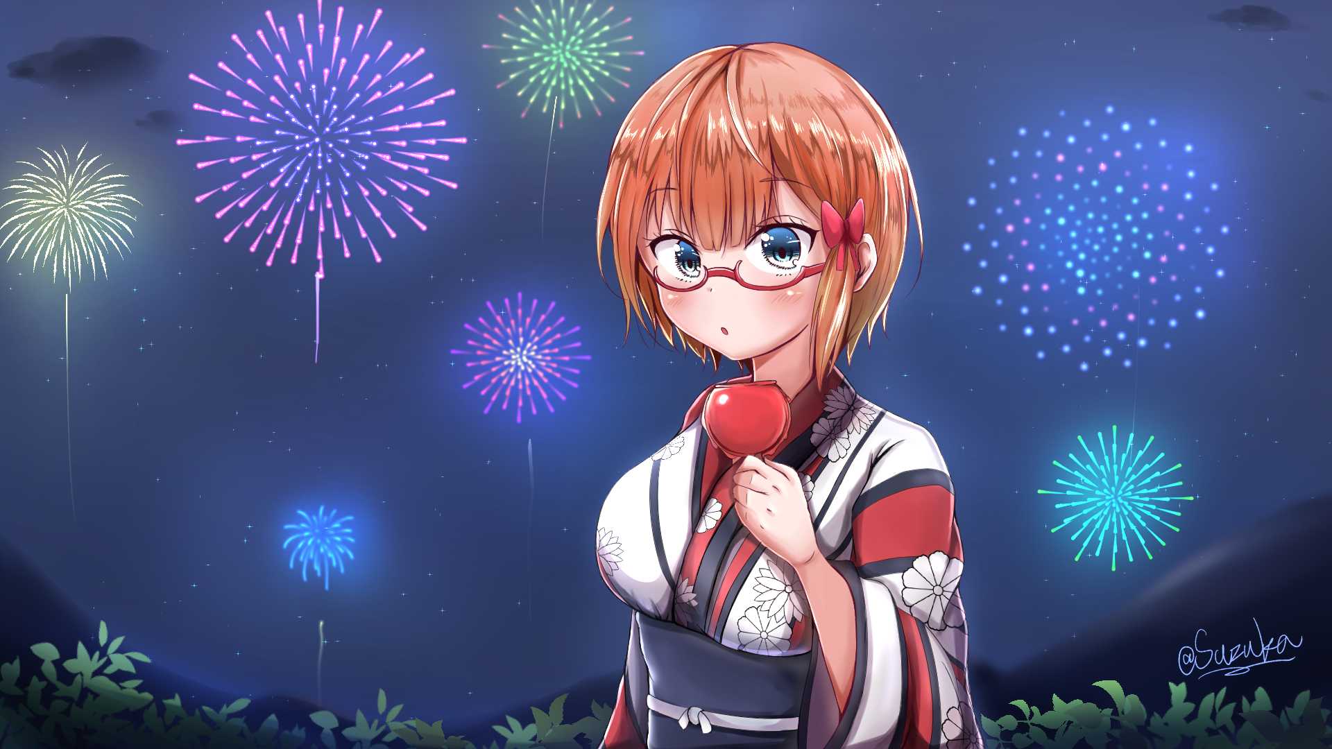 Download Fireworks Yukata Glasses Blue Eyes Orange Hair Rizu Ogata Bokutachi  Wa Benkyou Ga Dekinai Anime We Never Learn HD Wallpaper by Suzuka