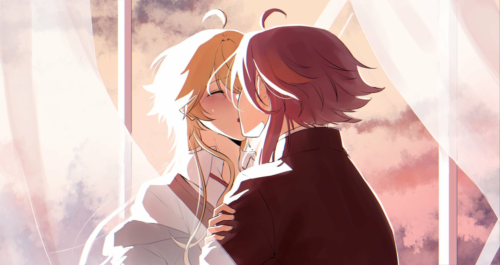 4K Ultra HD PC desktop wallpaper of Xiao and Aether (Genshin Impact) sharing a tender kiss by a sunlit window — romantic video game background.
