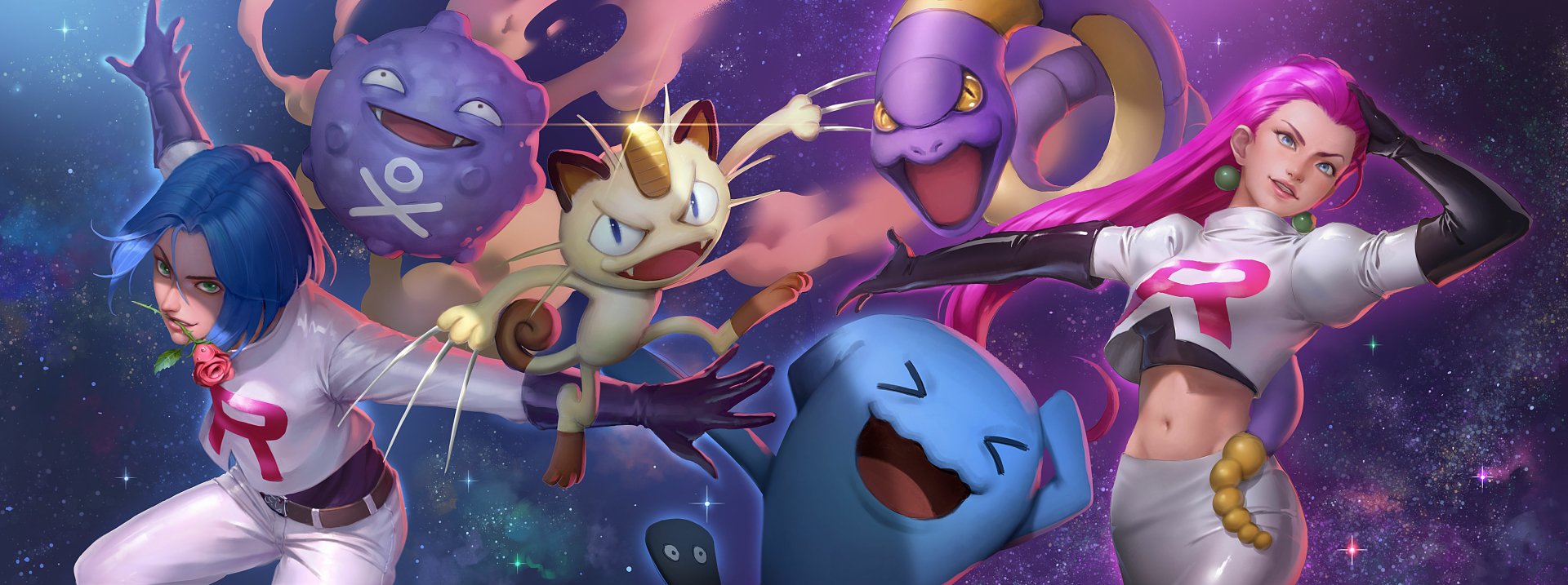 2K Quad HD PC desktop wallpaper featuring Team Rocket — Jessie, James and Meowth — in a vibrant anime-style Pokémon cosmic scene.