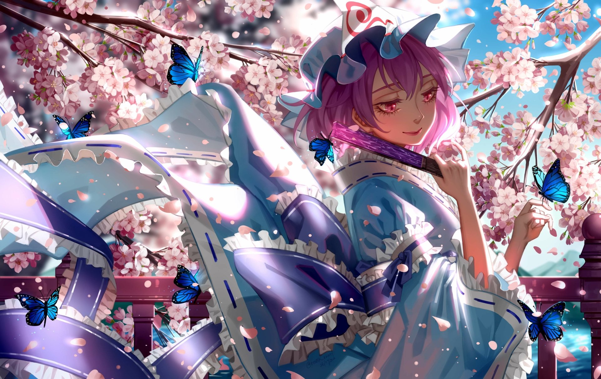 Yuyuko Saigyouji in an ornate kimono among blooming sakura and blue butterflies — vibrant anime Touhou 4K Ultra HD PC desktop wallpaper background.