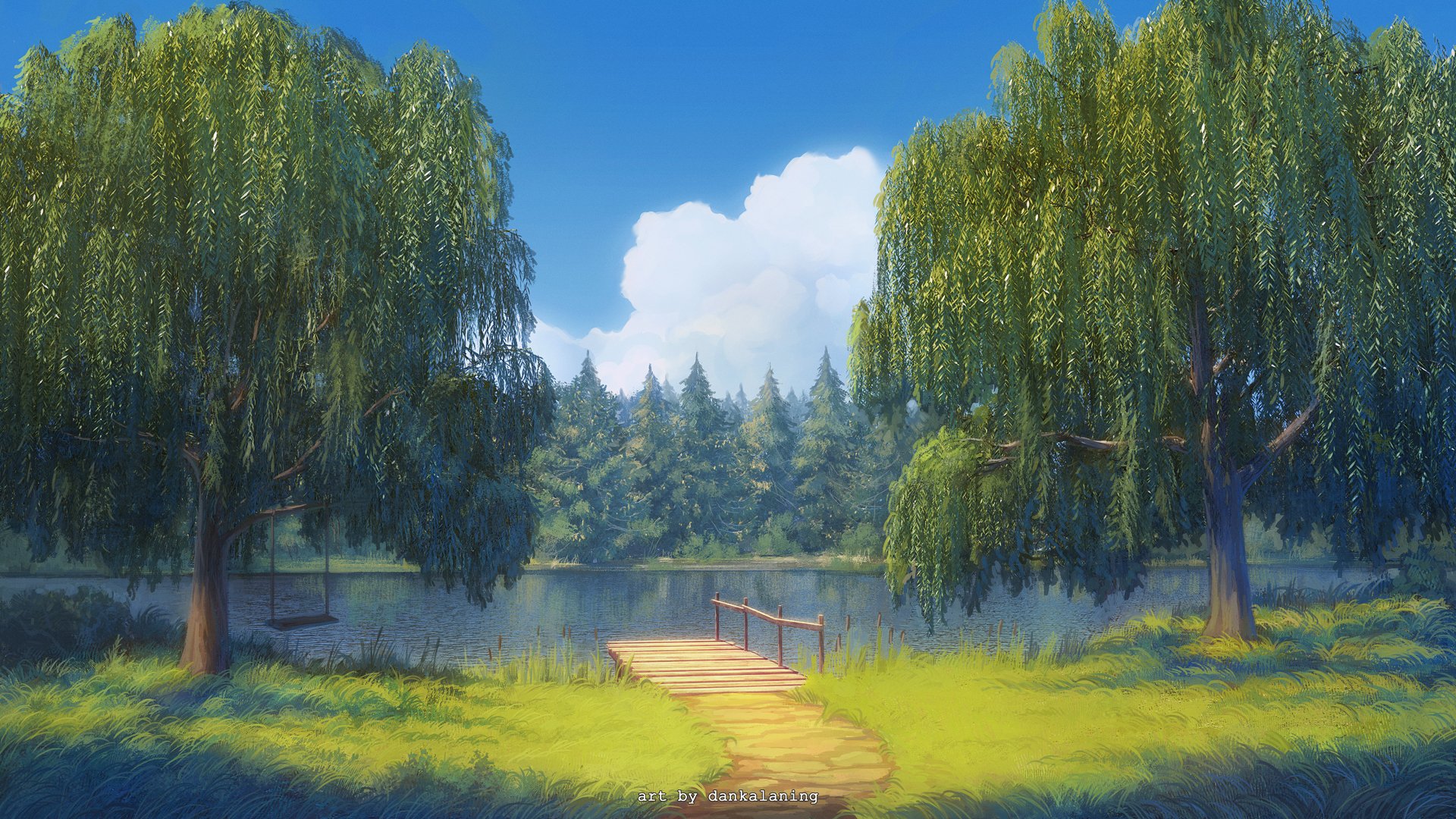HD anime landscape wallpaper featuring a serene lake surrounded by lush trees, a wooden dock, and a clear blue sky, creating a peaceful outdoor scene.