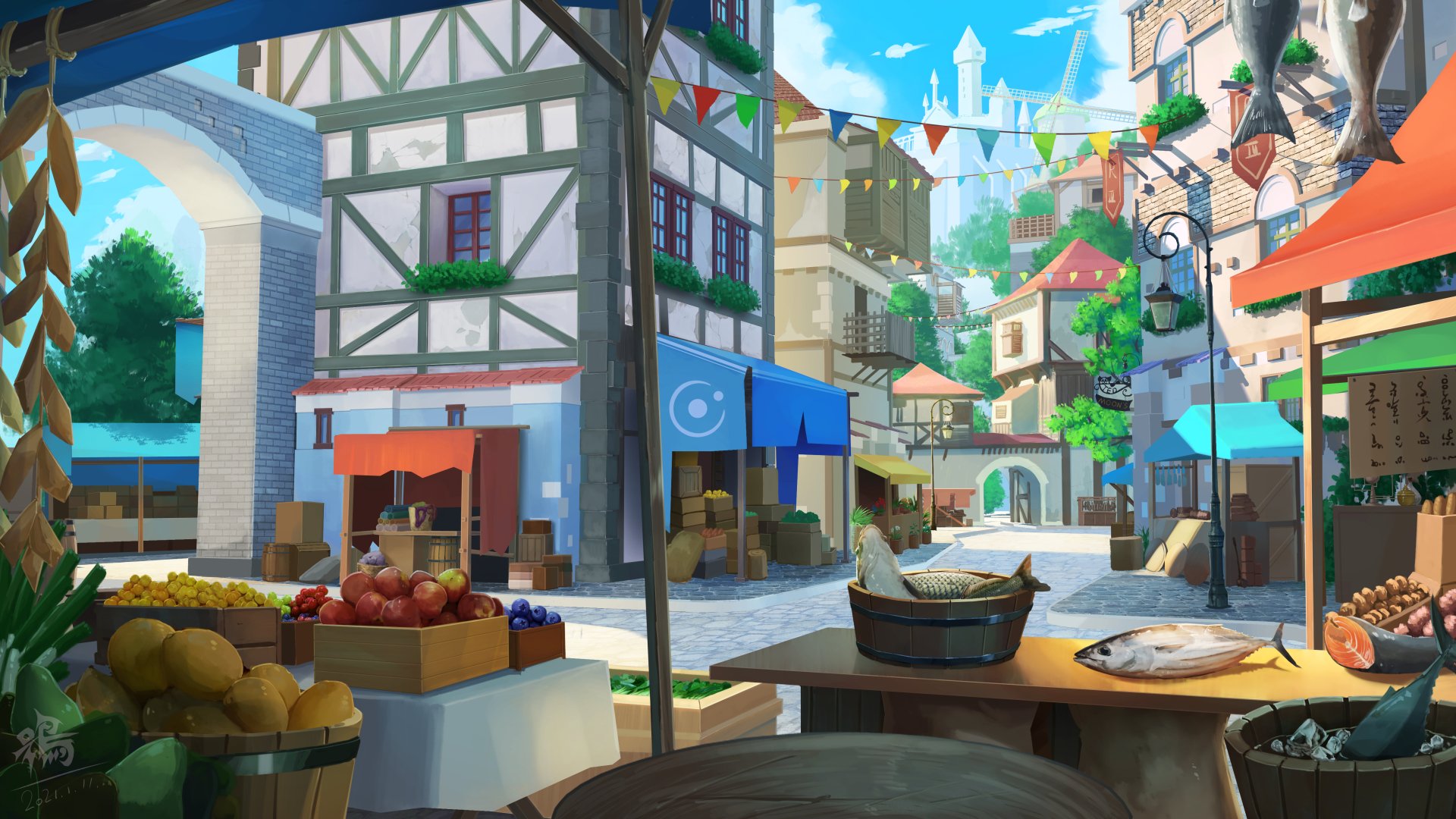4K Ultra HD PC desktop wallpaper: anime city market scene — sunlit timber-framed street with fruit crates, fish stalls, colorful banners and a bright skyline.
