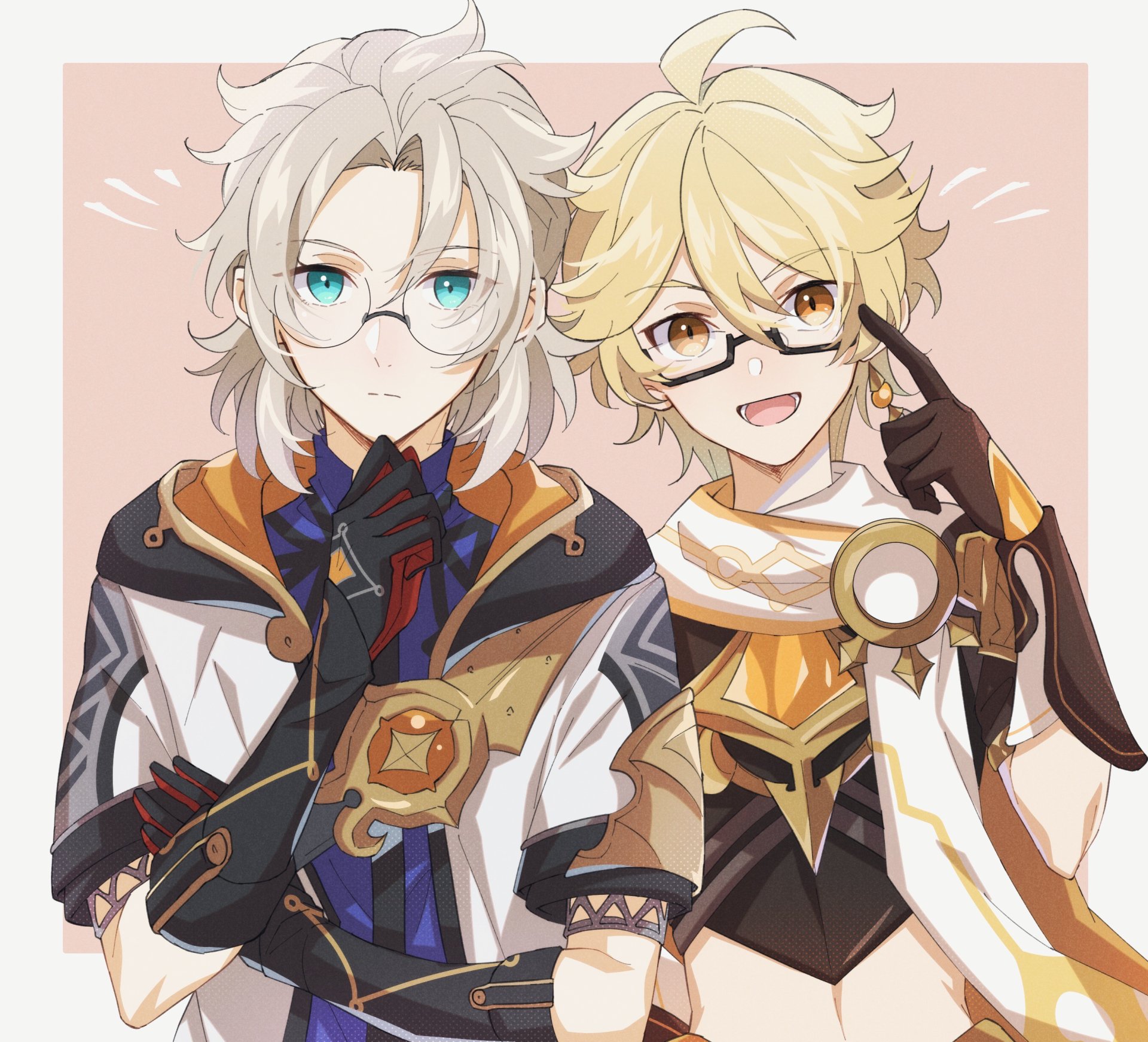 Albedo and Aether from the video game Genshin Impact wearing glasses, smiling in a stylized portrait — 2K Quad HD PC desktop wallpaper and background.