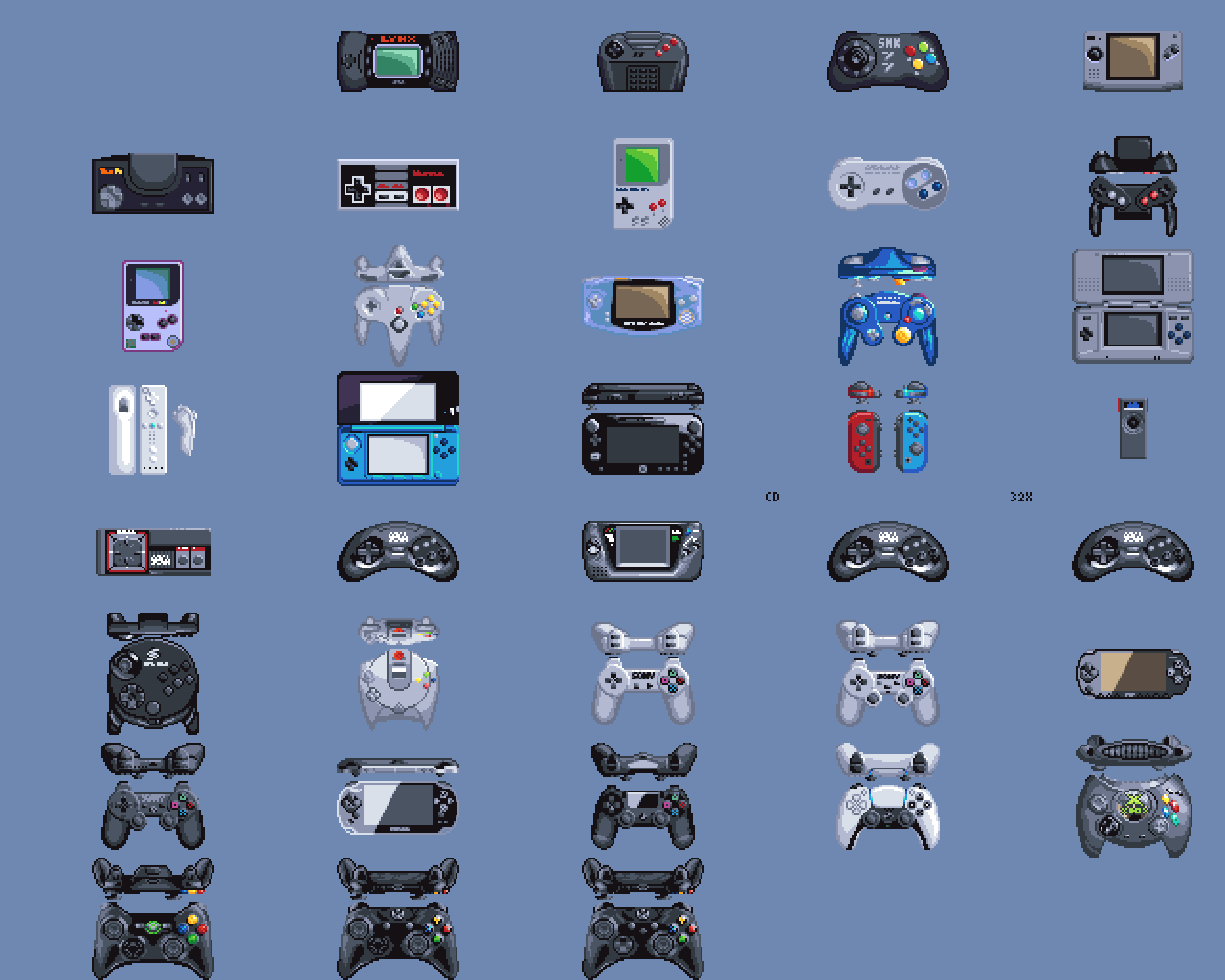 HD PC desktop wallpaper featuring a collection of classic and modern video game controllers arranged neatly on a blue background.