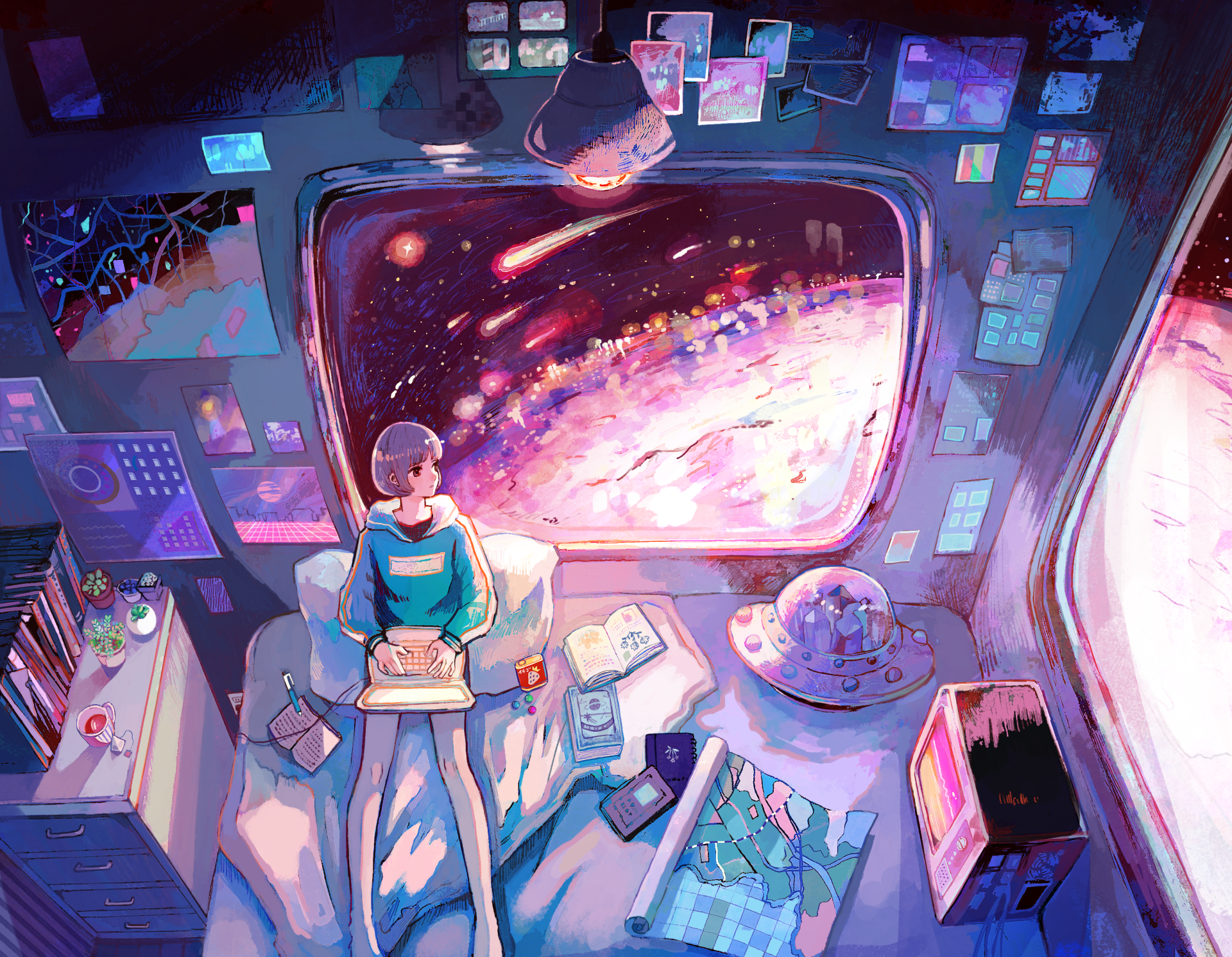 HD anime girl desktop wallpaper showing a girl sitting in a futuristic room, gazing out at a vibrant cosmic scene through a large window.