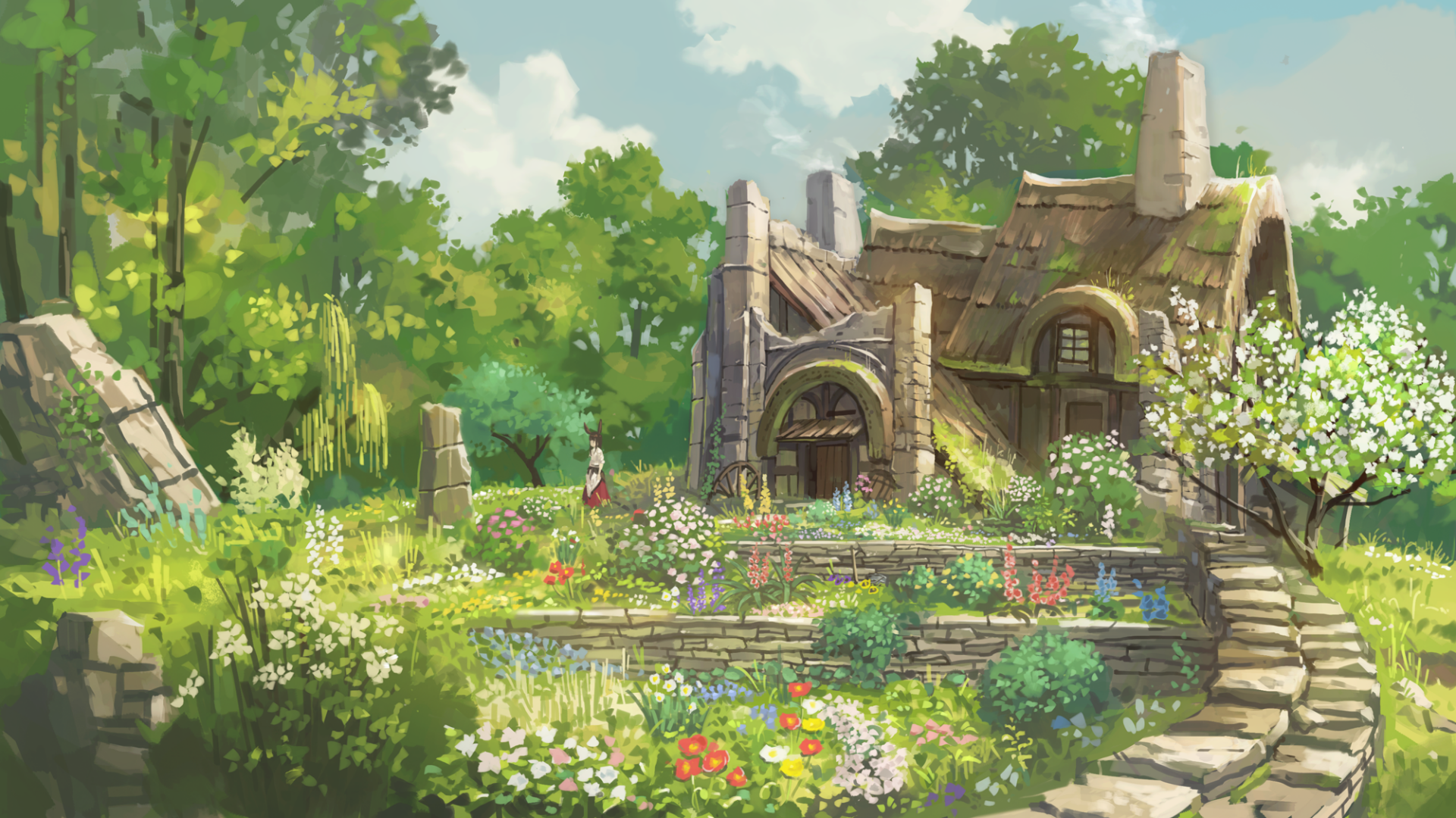 Anime-style HD PC desktop wallpaper: a sunlit stone hut and adjoining building nestled in a colorful, flower-filled garden surrounded by verdant trees.