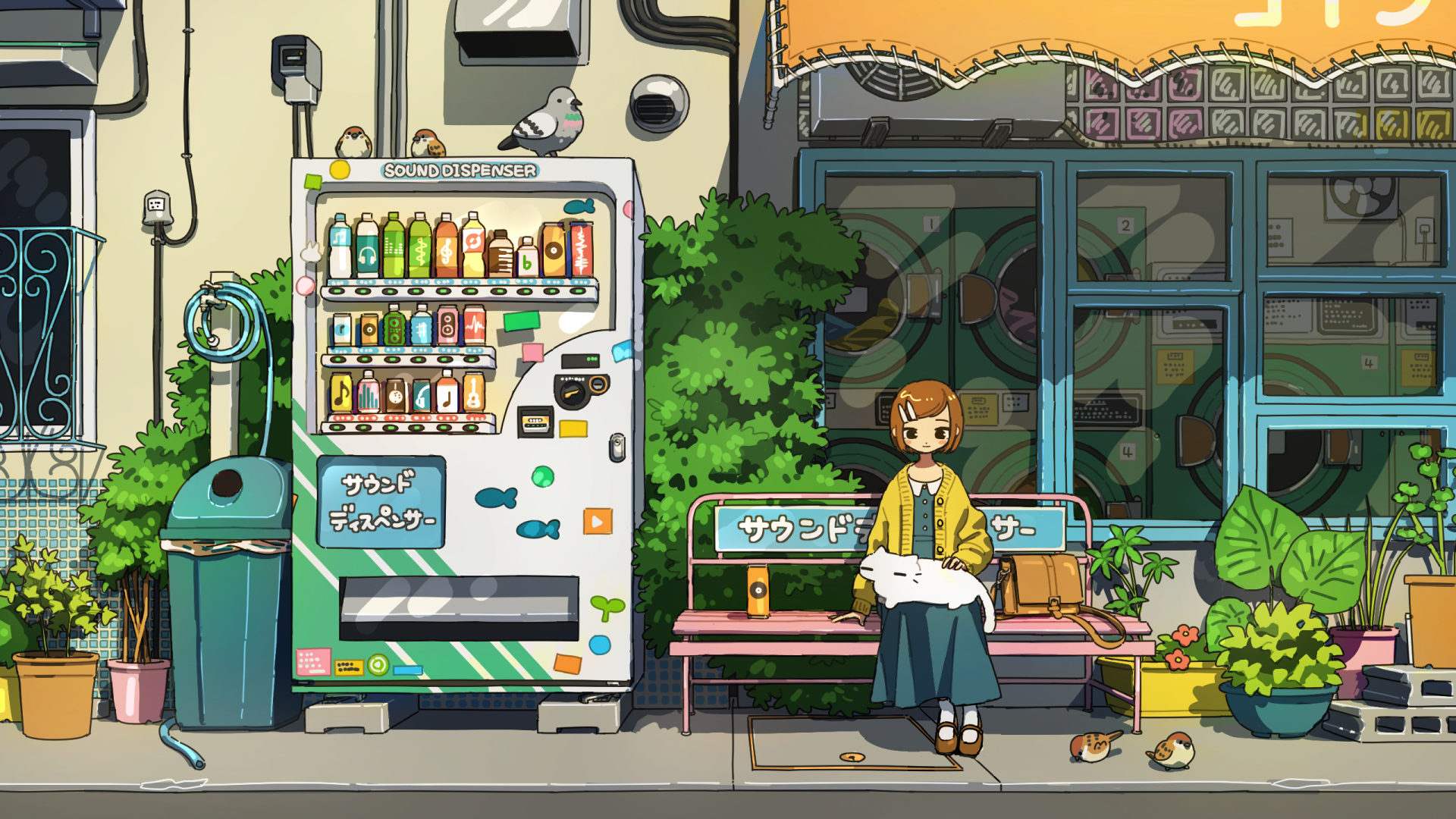 2K Quad HD PC desktop wallpaper of a short-haired anime girl with an anime cat on her lap and anime birds nearby, seated by a bench, vending machine and shopfront background.