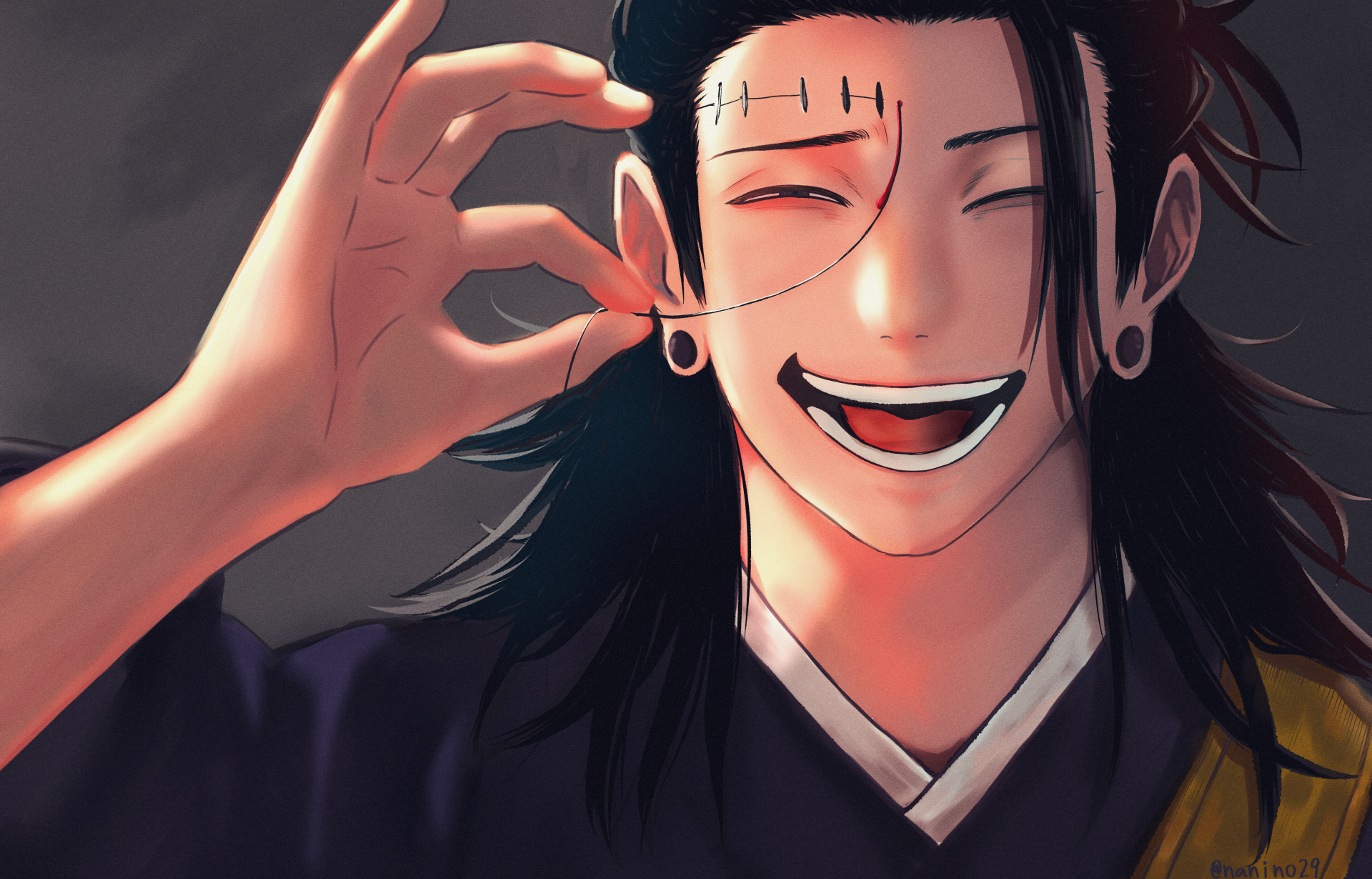 Ultra HD 4K anime desktop wallpaper of Suguru Geto (Jujutsu Kaisen): black hair, laughing with eyes closed, hand tugging an earring beside his face.