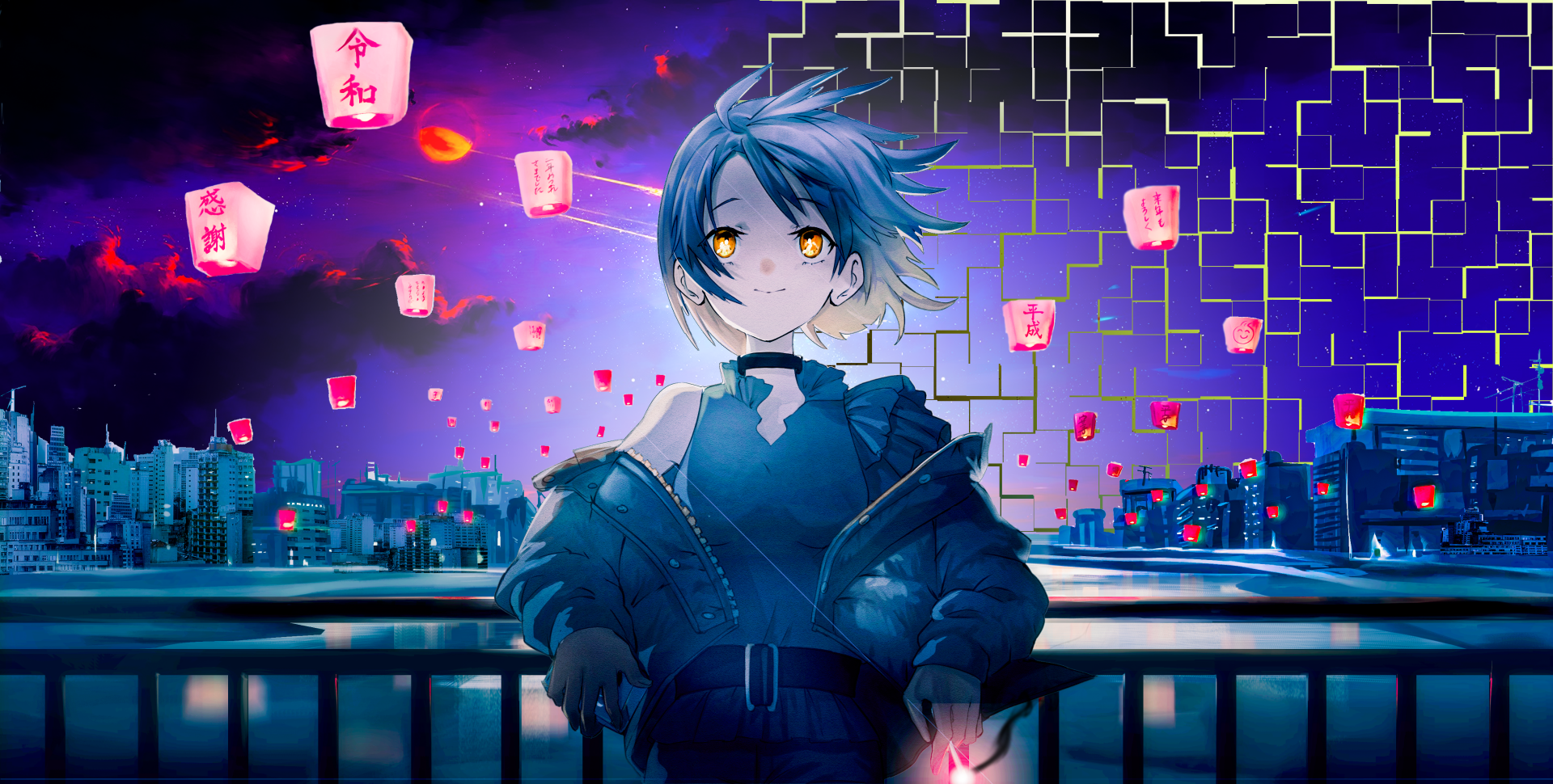 Anime girl with blue hair and glowing yellow eyes stands against a cityscape at night, surrounded by floating lanterns and digital grid elements in this 4K Ultra HD PC desktop wallpaper.