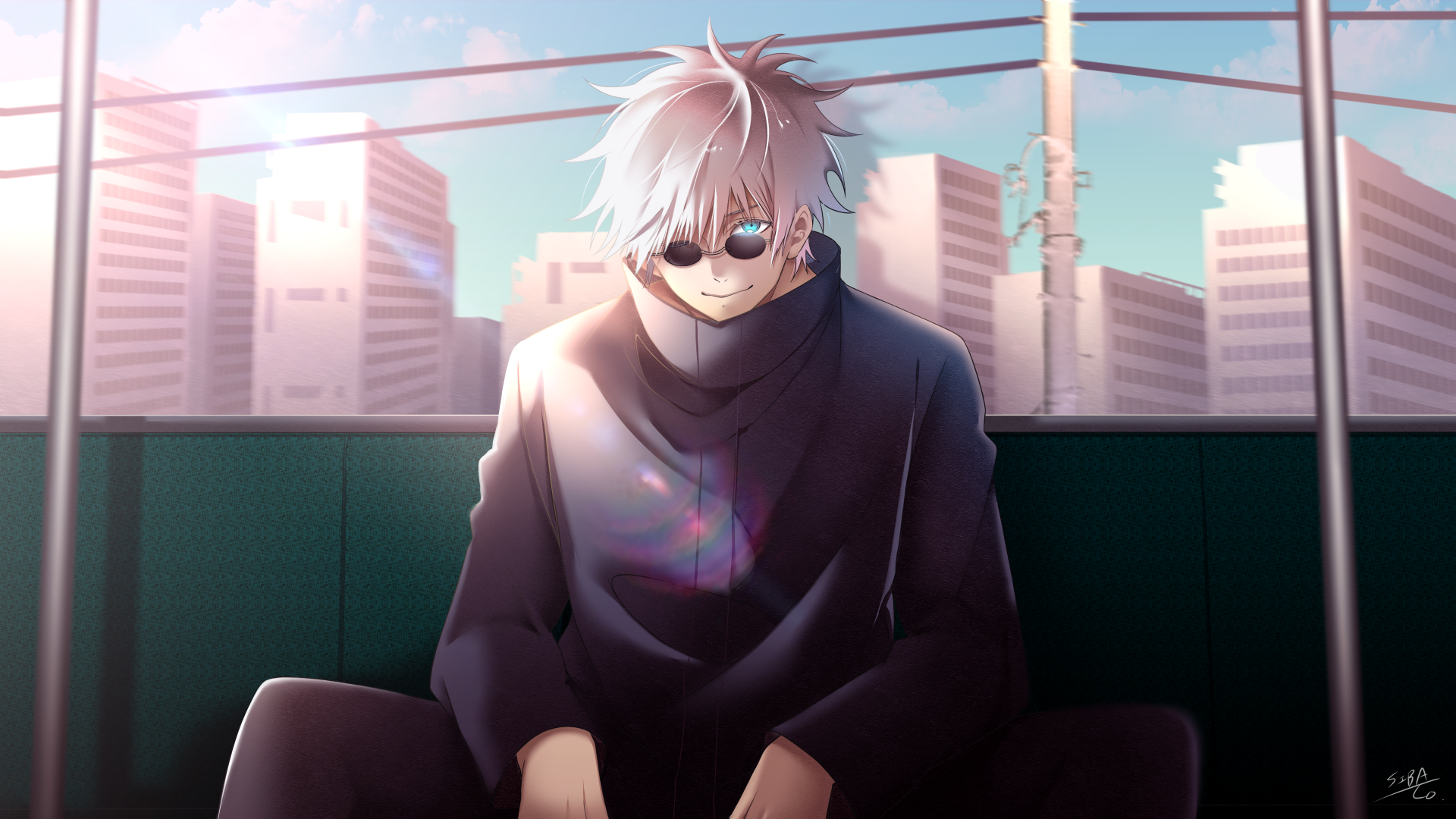 Satoru Gojo from Jujutsu Kaisen with white hair, blue eyes, and glasses, wearing a school uniform, set against a city skyline in a 4K Ultra HD anime wallpaper.